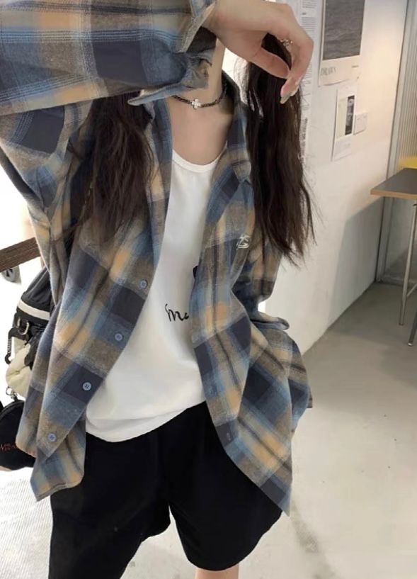 Striped Plaid Shirt Jacket Women's Spring & Fall 2024 New Women's Design Shirt Loose Long-Sleeved Couple Top